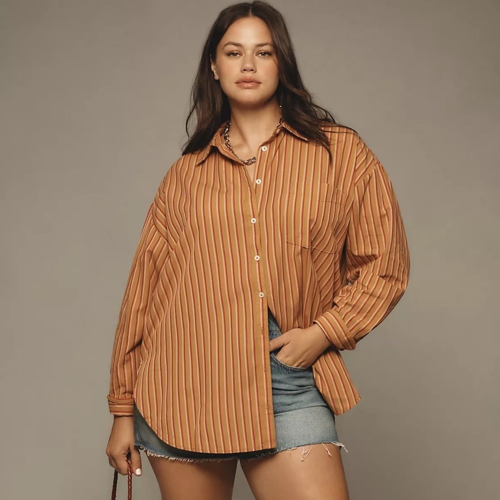 NWT! Anthropologie Brown Stripe Bennet Buttondown Shirt by Maeve 🎬